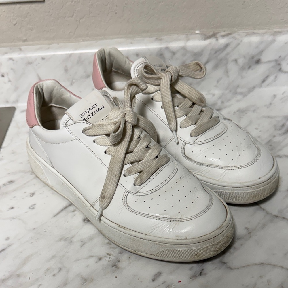 Stuart Weitzman White Sneakers with Pink Detail